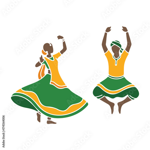 Garba Dance, Indian Traditional Navratri dandiya dance, Illustration of two indian dancers in traditional clothing.
