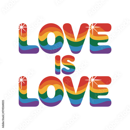 LGBTQ pride vector for National Coming Out Day with rainbow ribbon, heart hands, inclusive people, love is love typography, minimalistic bold flat vector shapes and celebration elements
