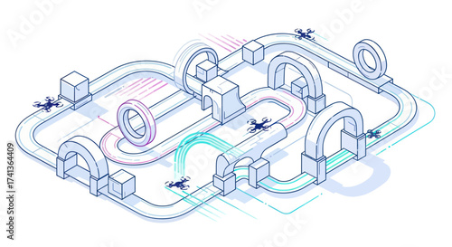 Isometric Illustration of a Drone Racing Circuit with Obstacles.