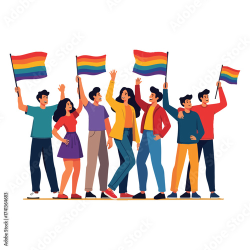 LGBTQ pride vector for National Coming Out Day with rainbow ribbon, heart hands, inclusive people, love is love typography, minimalistic bold flat vector shapes and celebration elements