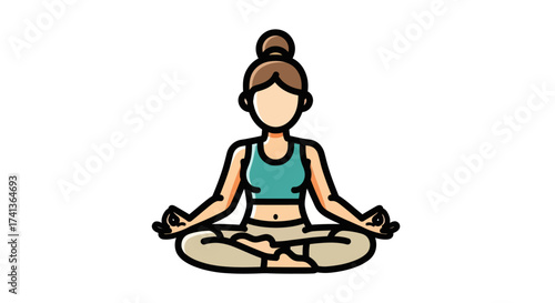 Cartoon Woman Meditating in Lotus Position Relaxed and Calm.