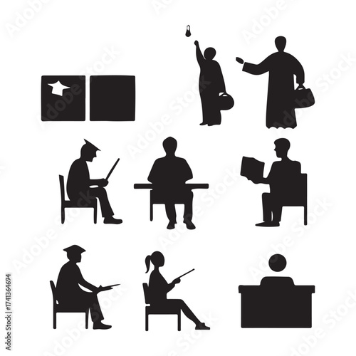 Diverse silhouettes of people engaged in learning and work activities