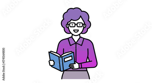 An illustrated senior woman with curly purple hair and glasses smiling while holding a book.