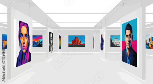 Modern Art Gallery with Diverse Digital Paintings on White Walls.