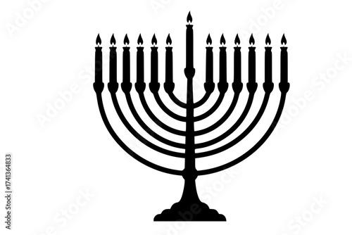 	Black Vector Silhouette: Menorah (Jewish Candelabrum)	A traditional, nine-branched black vector silhouette of a Hanukkah Menorah (Hanukkiah) with lit candles