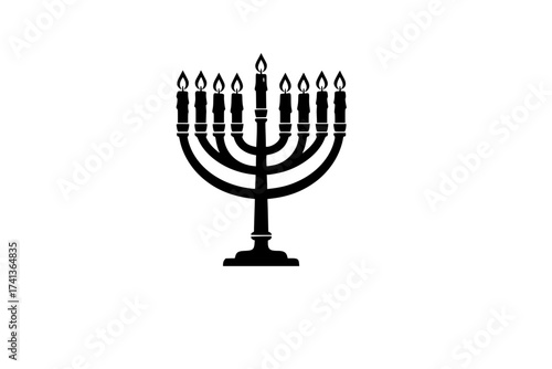 	Black Vector Silhouette: Menorah (Jewish Candelabrum)	A traditional, nine-branched black vector silhouette of a Hanukkah Menorah (Hanukkiah) with lit candles