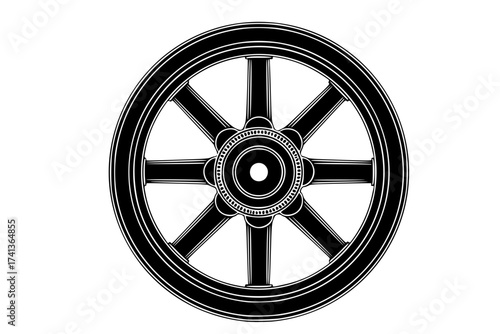 Black Vector Silhouette: Dharma Wheel (Buddhism/Jainism)	A strong black vector silhouette of the Dharma Wheel (Dharmachakra), specifically with eight spokes (representing the Noble Eightfold Path)