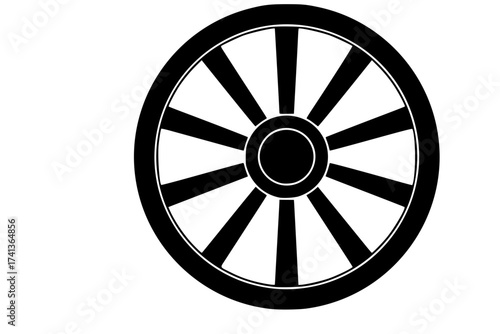 Black Vector Silhouette: Dharma Wheel (Buddhism/Jainism)	A strong black vector silhouette of the Dharma Wheel (Dharmachakra), specifically with eight spokes (representing the Noble Eightfold Path)
