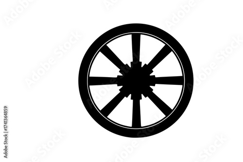 Black Vector Silhouette: Dharma Wheel (Buddhism/Jainism)	A strong black vector silhouette of the Dharma Wheel (Dharmachakra), specifically with eight spokes (representing the Noble Eightfold Path)