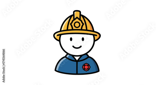 Cartoon firefighter wearing a yellow helmet and blue uniform with emblem.