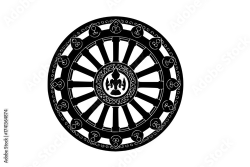 Black Vector Silhouette: Dharma Wheel (Buddhism/Jainism)	A strong black vector silhouette of the Dharma Wheel (Dharmachakra), specifically with eight spokes (representing the Noble Eightfold Path)