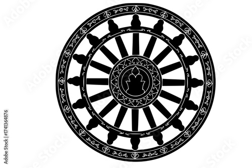 Black Vector Silhouette: Dharma Wheel (Buddhism/Jainism)	A strong black vector silhouette of the Dharma Wheel (Dharmachakra), specifically with eight spokes (representing the Noble Eightfold Path)