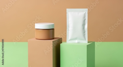 Skincare product packaging on geometric pedestals, minimalist beauty display.