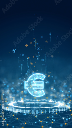 Vertical illustration of glowing euro currency symbol floating above a digital futuristic platform with financial technology icons.