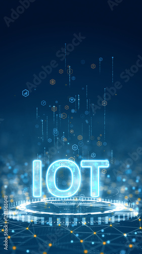 Vertical digital illustration of glowing IOT letters emerging from a futuristic circular platform representing Internet of Things technology and connectivity.
