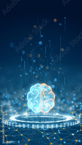 Vertical glowing illustration of human brain with digital circuits symbolizing artificial intelligence, innovation, and cognitive technology in a cyber background.