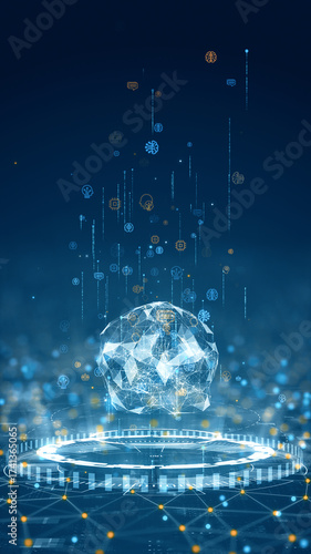 Vertical digital artwork of glowing low-poly brain structure symbolizing innovation, AI intelligence, and futuristic data technology in blue cyber background.