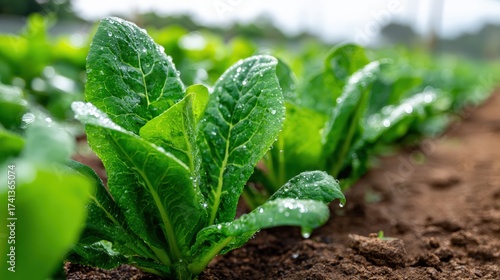 Fresh green lettuce leaves growing in a garden with dew drops in natural light