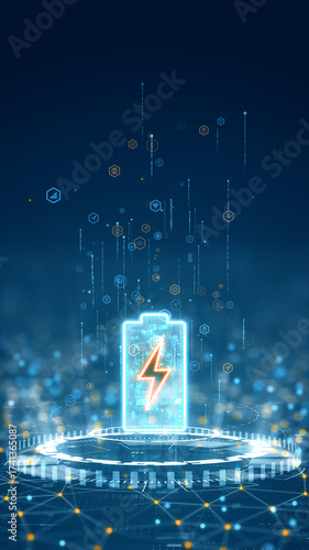 Vertical illustration of glowing battery with lightning symbol representing energy storage, charging technology, and sustainable power concept.