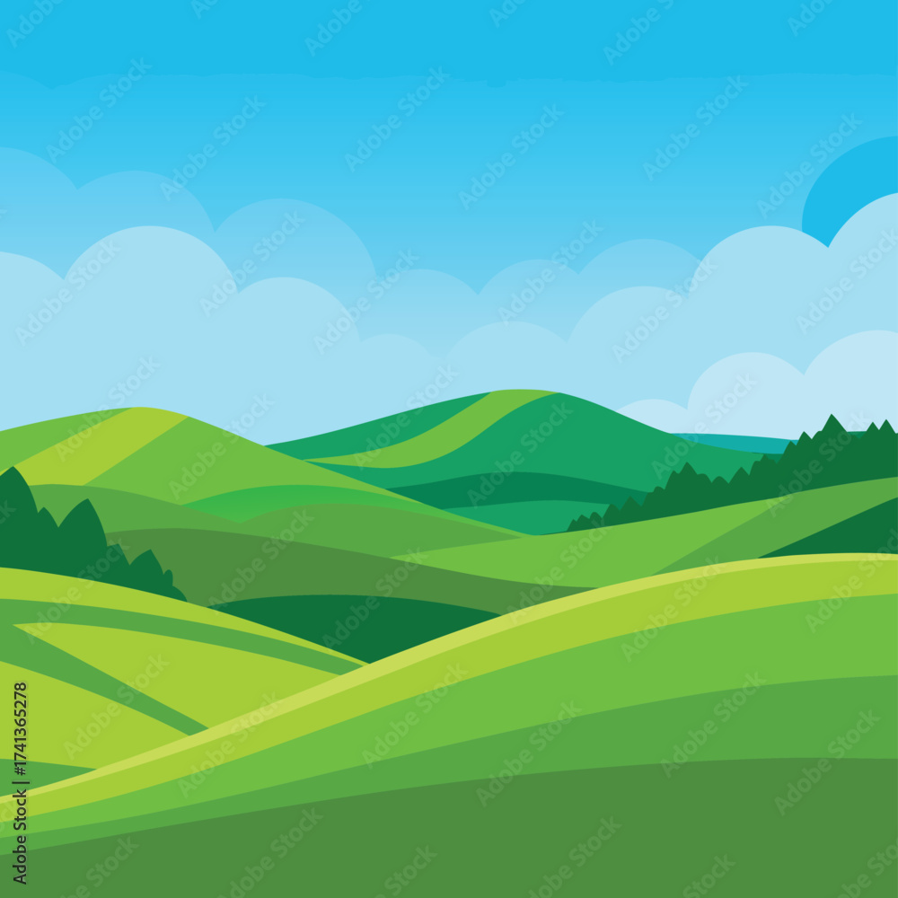 Obraz premium Rolling Green Hills and Blue Sky with Clouds Landscape Illustration nature rolling hills