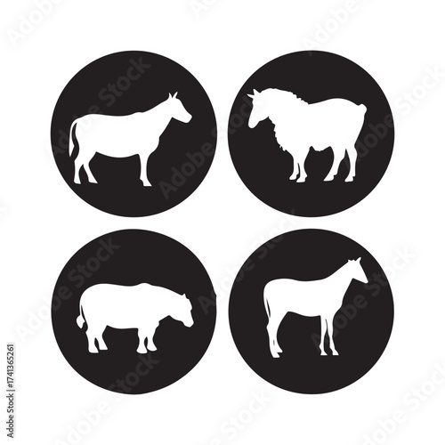 Four silhouetted farm animals in black circles on a white background