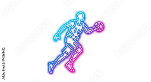Neon Basketball Player Dribbling Ball with Colorful Outline.