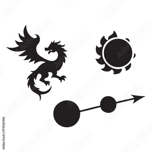 Mythical dragon and celestial symbols in silhouette