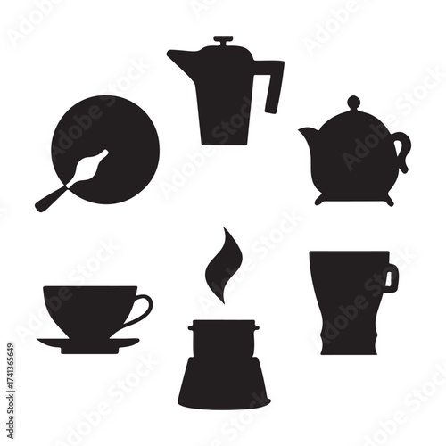 Silhouette collection of coffee and tea brewing and serving items