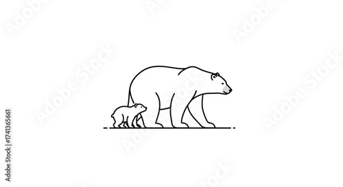 Minimalist line art illustration of a mother polar bear and her cub walking side by side.