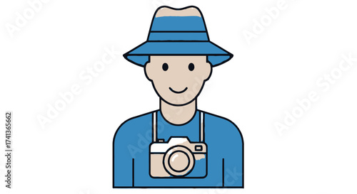 Cartoon man wearing a blue fedora hat and camera depicting a photographer or tourist.