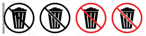 No Trash Allowed, Prohibition Symbol with Trash Can and Red Circle.