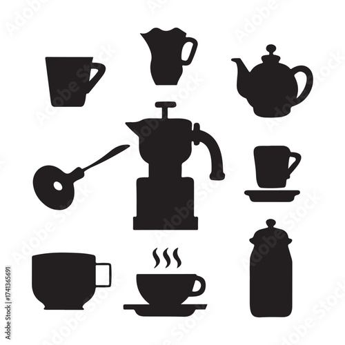 Silhouette collection of coffee and tea making and serving utensils
