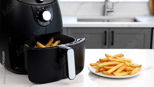 Contemporary black air fryer rests on a sleek marble countertop, with the open basket showcasing piping hot french fries. A plate of fries is conveniently placed beside it