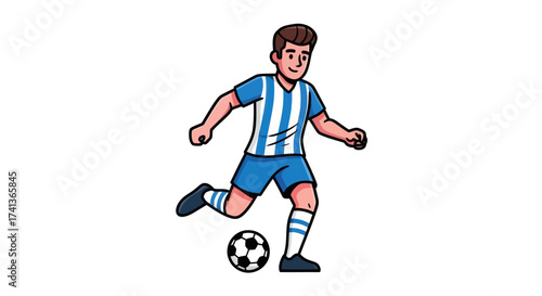 Cartoon soccer player in a blue and white striped uniform kicking a ball.