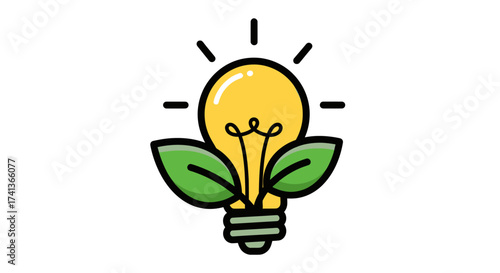 Bright Yellow Lightbulb with Green Leaves Symbolizing Innovation and Sustainability.