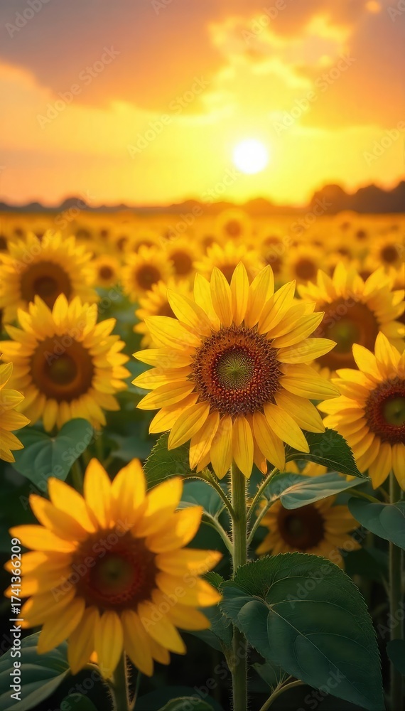 Fototapeta premium A field of vibrant sunflowers basking in the golden sunlight, their faces turned towards the radiant sun A breathtaking display of nature's beauty and the power of the sun , macro, sky