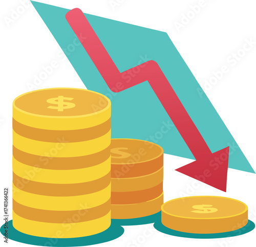 Stacks of gold coins with a downward trending red arrow vector illustration
