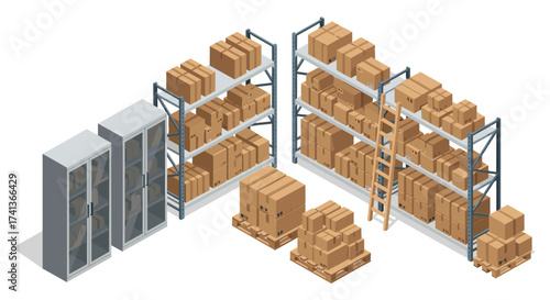 Efficient warehouse logistics ready for distribution, featuring organized shelving and product inventory, perfect for illustrating supply chain management systems