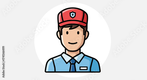 Cartoon Man in Red Cap and Blue Uniform Icon.