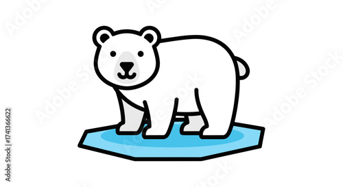 Adorable cartoon polar bear standing on a blue ice floe.