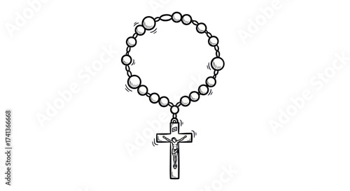Hand-drawn black and white line art illustration of a Catholic rosary with a crucifix.