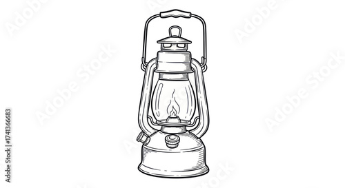 Vintage Kerosene Lantern with Handle and Flame Illustration.
