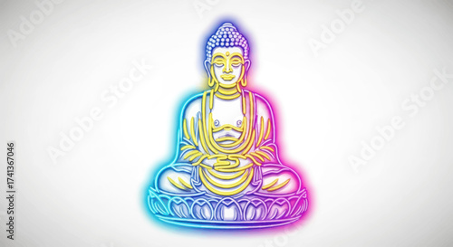 Vibrant Neon Buddha Statue Meditating with Colorful Outline Glow.
