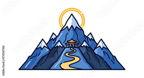 Majestic Blue Mountains with a Golden Sun and a Path to a Temple.