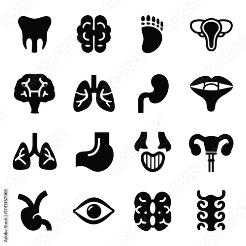 Collection of black human organ icons on white background tooth brain