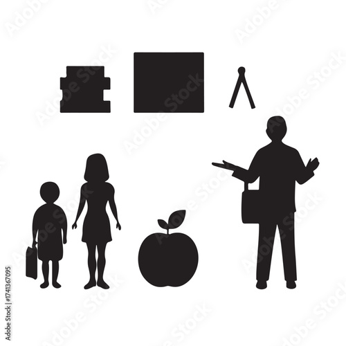 Silhouettes of children teacher apple and school supplies on white background