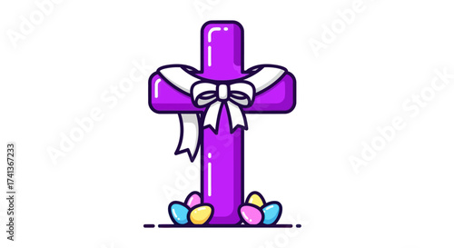 Purple Christian Cross with White Bow and Easter Eggs Decoration.