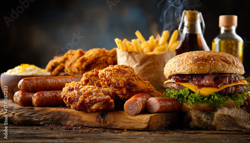 Hearty fast food feast with fried chicken, burgers, sausages and crispy French fries