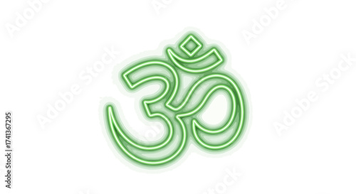 Glowing Green Neon Om Symbol of Hinduism and Buddhism.