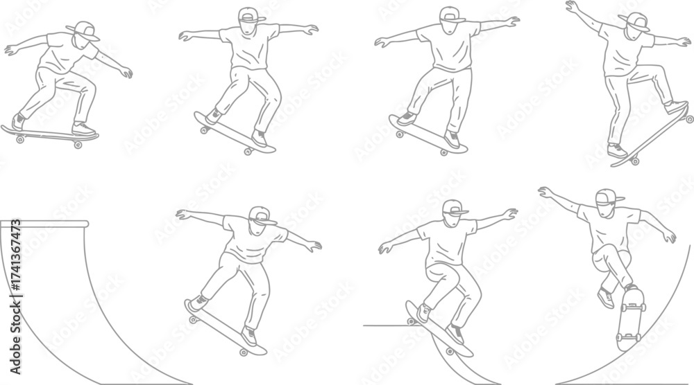 Fototapeta premium Skateboarders performing tricks a series of line art illustrations 